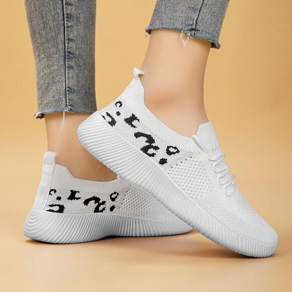 Women's Slip-On Shoes Leopard Cheetah Print White Casual Sneakers Flying-Woven - Picture 6 of 6